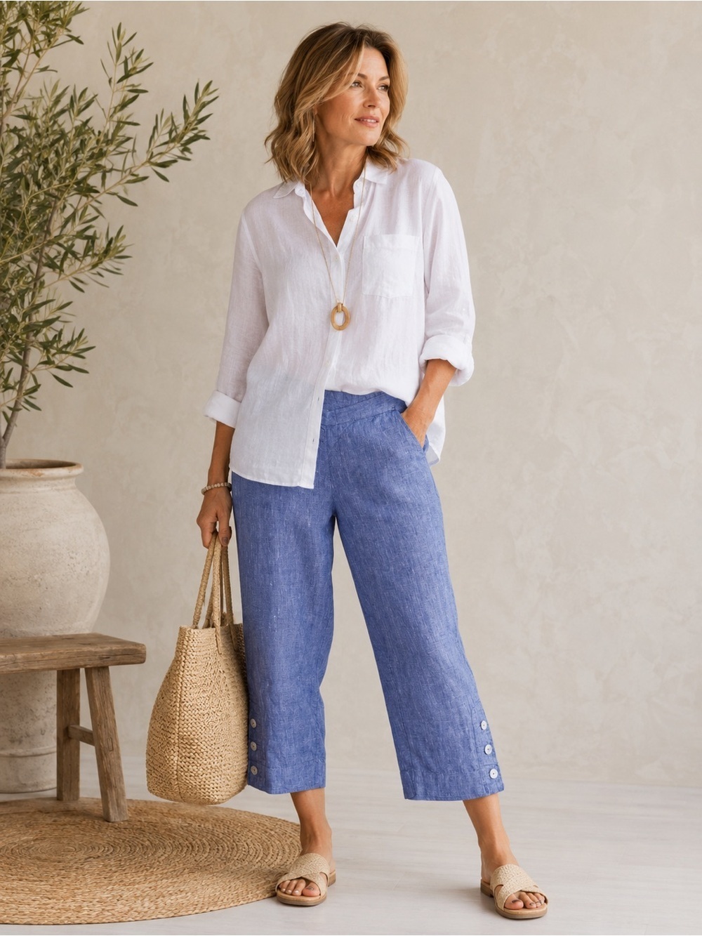 Chico’s 100% Linen Blue Crop Capri Pants Button Hem Elastic Waist Relaxed Fit